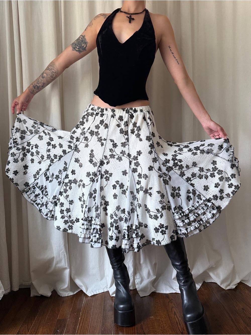 Coldwater Creek Black & White Floral Tiered Midi Skirt Women's Size Medium | Cot